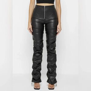 MANIERE DE VOIR - Tacked Vegan Leather Flared Trousers in Black